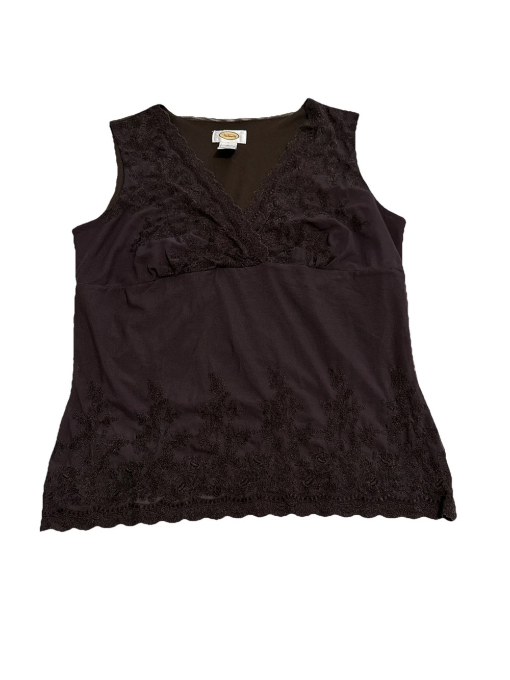 Talbots Brown Lace Trim Top Women Sz M V-Neck Floral Gd Condition